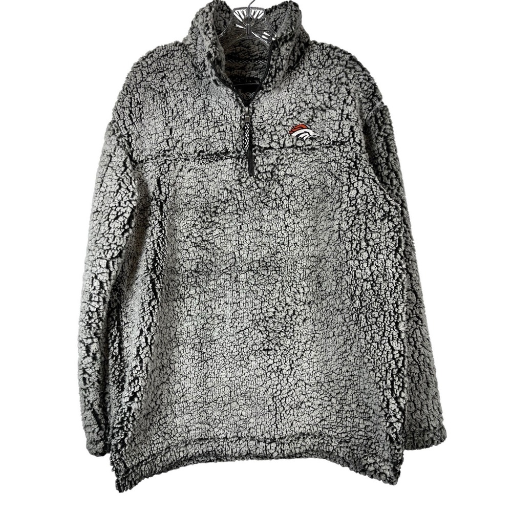 NFL Broncos Sz L Gray Sherpa  1/4 Zip Quarter Pullover Jacket Sweatshirt G-III‎